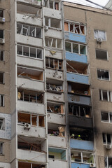 Kyiv, Ukraine - February 7, 2024. In the morning, the Russians fired missiles at Ukrainian cities. many apartments were destroyed by debris from a downed rocket.people are given all the help they need