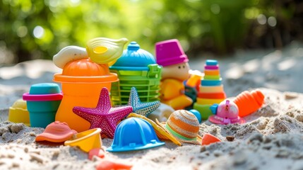 Plastic beach toys on the beach sand - obrazy, fototapety, plakaty