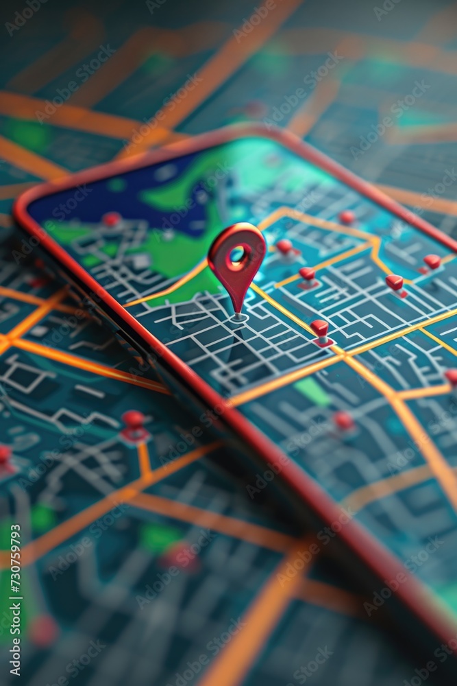 Poster A cell phone with a pin on it sitting on a map. Perfect for travel and navigation concepts