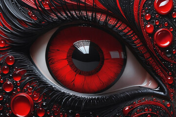 Black and red abstract painting of a woman's eye