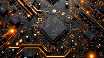 Fototapeta premium An electrical circuit board that has many different colors, dark gold and orange, calming symmetry, webcore, miniature core, post-internet aesthetics. Generative AI.