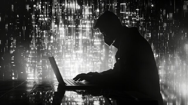 Silhouette of a hacker typing on laptop, whole image is painted with numbers in black and white, like matrix