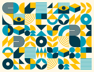 Modern turquoise, yellow and dark abstract geometric pattern background. Captivating vector backdrop with bright hues immerses in a dynamic visual symphony, seamlessly blending contemporary aesthetics