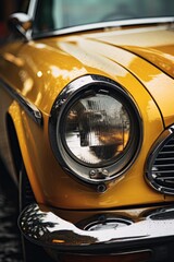 A close-up view of the front of a yellow car. This image can be used for automotive-related designs or to represent speed and adventure