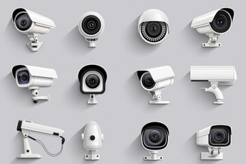 A diverse collection of surveillance cameras featuring different types and models. Ideal for illustrating security systems and monitoring technology