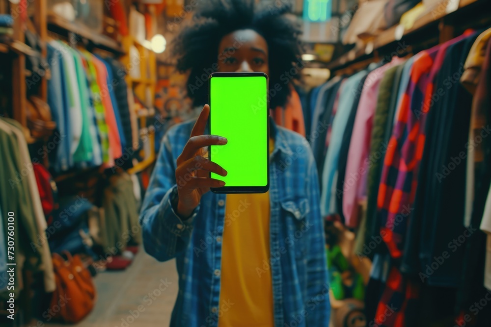 Poster woman holding up a cell phone with a green screen. perfect for showcasing mobile apps or displaying 