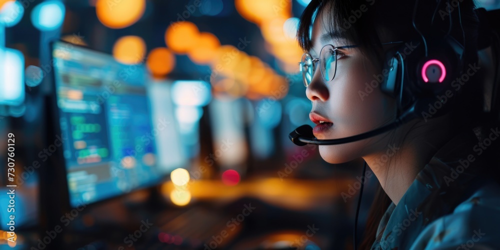 Poster a woman wearing a headset sitting in front of a computer. suitable for customer service, tech suppor
