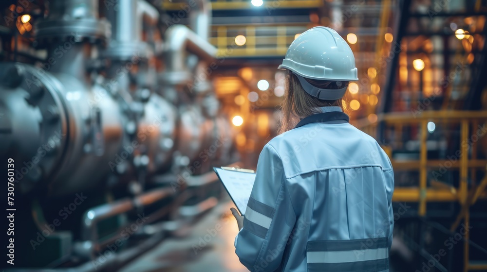 Poster Industrial engineers are checking the operation of the equipment on the spot to ensure the stability and efficiency of the production process. Generative AI.