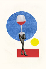 Pub alcohol collage illustration of headless woman in high heels red wine glass at nightclub party...
