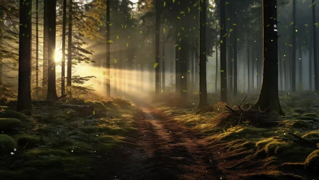  beautiful morning in the forest. beautiful forest with sun beams bursting through trees. seamless looping overlay 4k virtual video animation background 