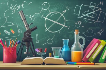 A blackboard with a microscope, books, and other school supplies. Perfect for educational and scientific concepts