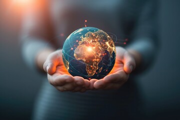 Fototapeta premium A person holding a glowing globe in their hands. Suitable for global concepts and environmental themes