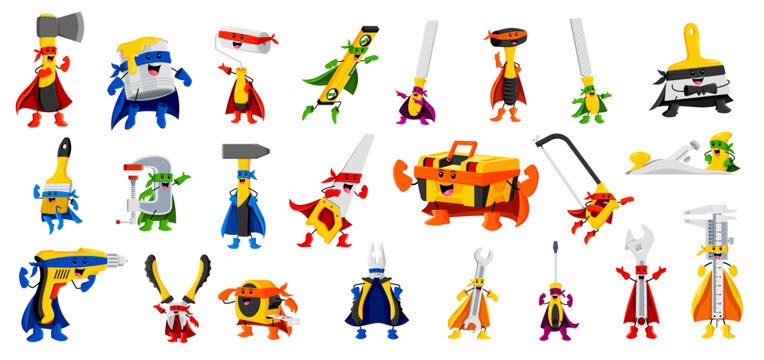 Cartoon diy and repair tool characters in superhero costumes. Vector hatchet, paint brush, spatula and jointer. Screwdriver, mallet, drill, wrench or spanner. Trammel, chisel, hammer and saw defenders