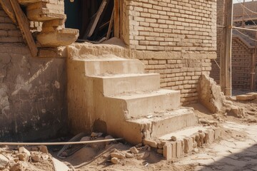 A brick building with a broken door and steps. Suitable for urban decay, abandoned architecture, or post-apocalyptic themes