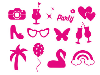 Glamorous trendy set of pink stickers. Cute stickers, objects isolated on white background. tree, balloon, flower, shoe, star, glass, logo: collection in a minimalist style. for print, social network.