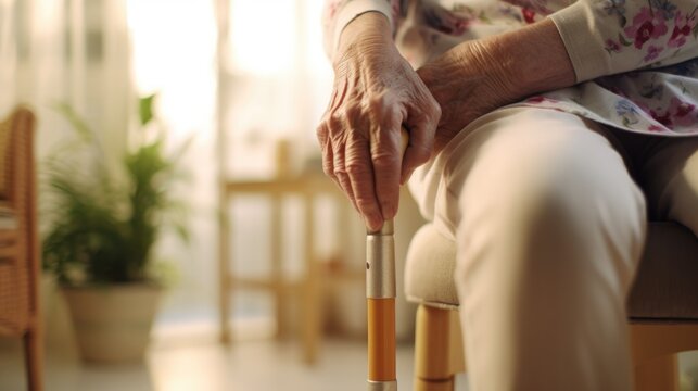 A woman sitting on a chair, holding a cane. This image can be used to depict independence, strength, or the elderly