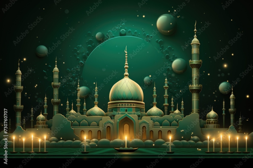 Poster a striking image of a mosque illuminated by the light of a full moon. perfect for capturing the sere