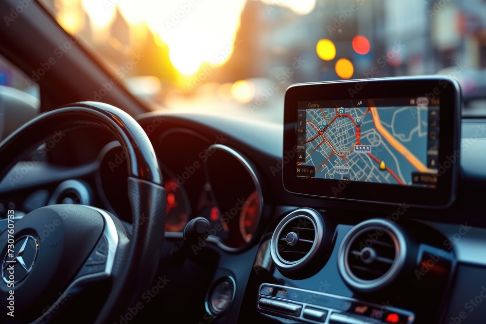 Poster a picture of a car dashboard with a gps device. can be used to illustrate navigation, technology, or