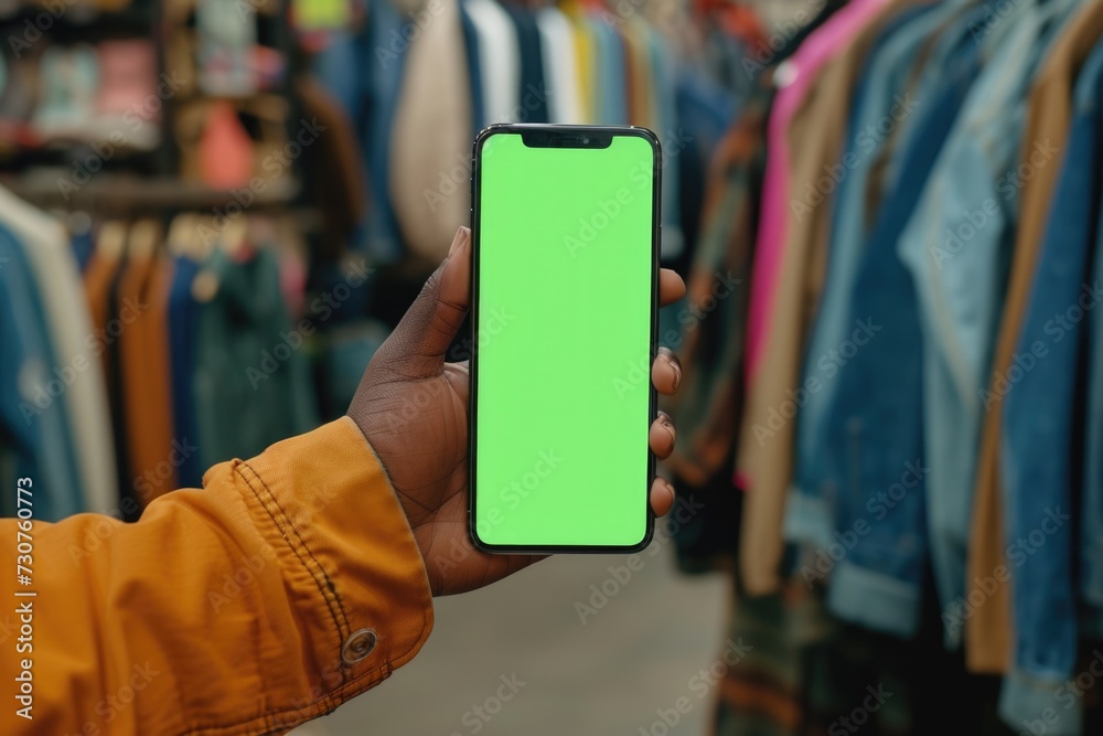Poster A person holding a phone with a green screen. This image can be used for showcasing mobile apps or websites.