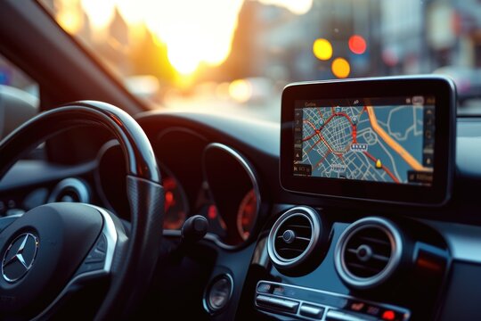 A picture of a car dashboard with a GPS device. Can be used to illustrate navigation, technology, or road trips