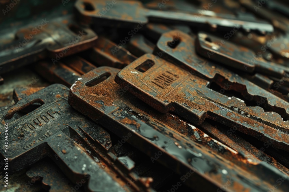 Poster A pile of rusty tools sitting on top of a table. This image can be used to depict old and worn-out tools or to represent a workshop or DIY project