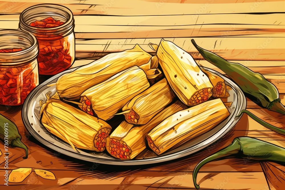 Poster freshly harvested corn and vibrant peppers arranged on a table. perfect for food-related projects an