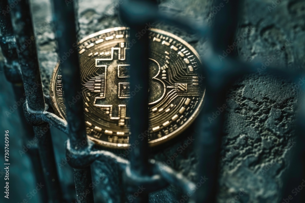 Aufkleber A close-up view of a bitcoin seen through a chain link fence. This image can be used to illustrate concepts related to cryptocurrency, blockchain technology, finance, and security