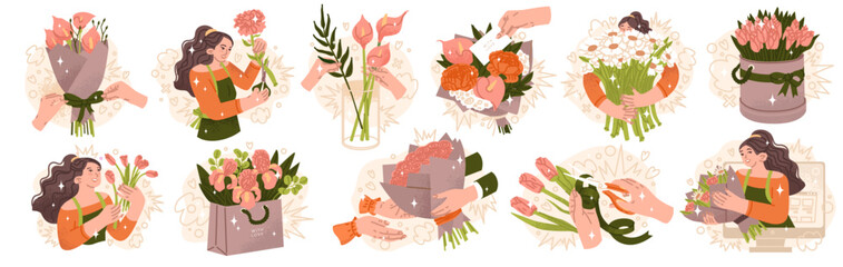 A set of illustrations on the theme of selling flowers. Compositions for a florist shop. Congratulations on the holiday with a bouquet. Online application. Vector illustration - obrazy, fototapety, plakaty