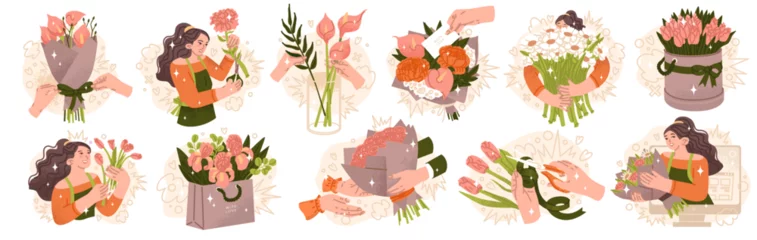 Foto op Plexiglas A set of illustrations on the theme of selling flowers. Compositions for a florist shop. Congratulations on the holiday with a bouquet. Online application. Vector illustration © Larisa Vladimirova