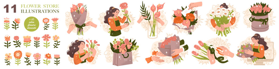 A set of illustrations on the theme of selling flowers with additional floral elements. Compositions for a florist shop. Happy holidays. Vector illustration isolated on transparent background.