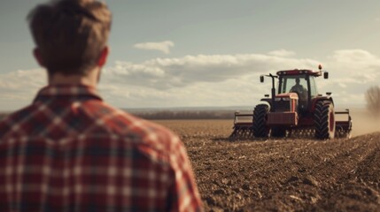A man standing in a field with a tractor behind him. Suitable for agricultural, farming, or rural lifestyle concepts - obrazy, fototapety, plakaty