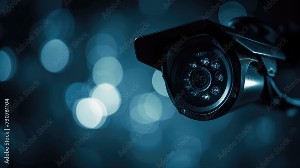 Poster Close-up view of a camera with blurry lights in the background. This image can be used to depict photography, technology, or creativity
