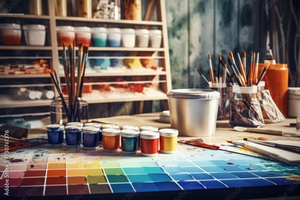 Poster a table filled with an assortment of paint and brushes. perfect for artists and art enthusiasts