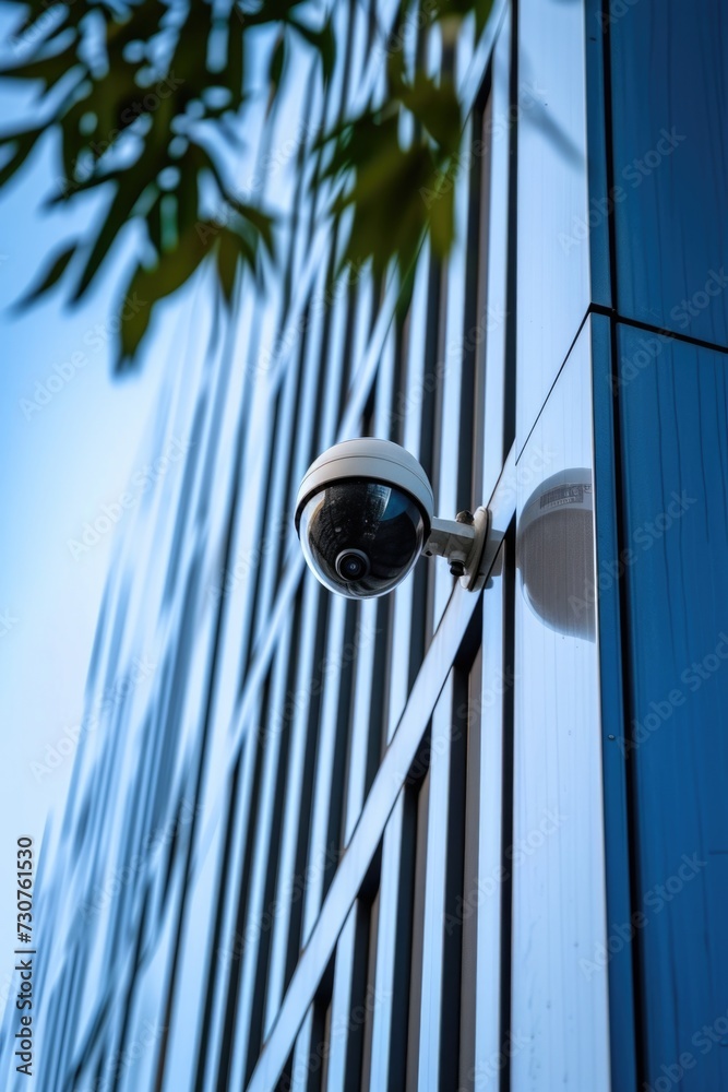Poster a security camera attached to the side of a building. this image can be used to illustrate surveilla