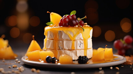 Honey toast up close. Toast spread with butter. Topped with a garnish of honey, bananas and fruits. One side of whipped cream, ice cream. High calorie food