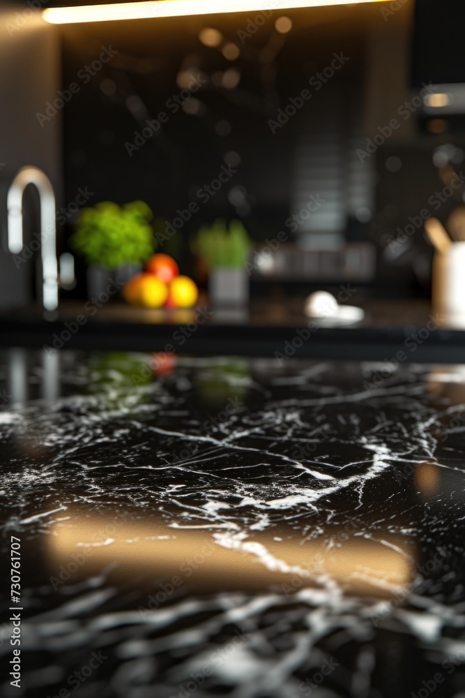 Poster a picture of a black marble counter top with a bowl of fruit in the background. this image can be us