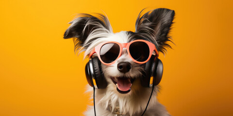 Happy dog wearing headphones and modern sunglasses listens to music on a yellow background. Banner. funny meme