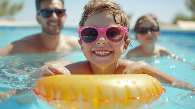 A man and a little girl are seen enjoying themselves in a swimming pool. This image can be used to depict family bonding or summer activities
