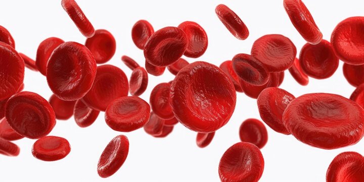 Red blood cells flying through the air. Suitable for medical and scientific concepts