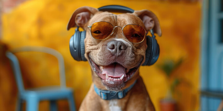 Happy dog wearing headphones and modern sunglasses listens to music on a yellow background. Banner. funny meme