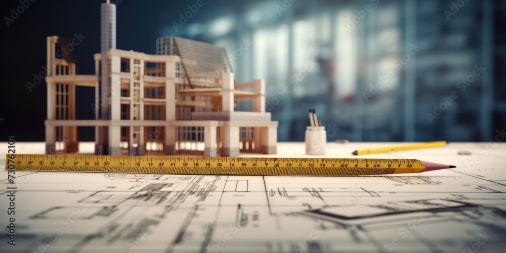 Poster A model of a building placed on top of a blueprint. Suitable for architectural design, construction planning, and real estate concepts