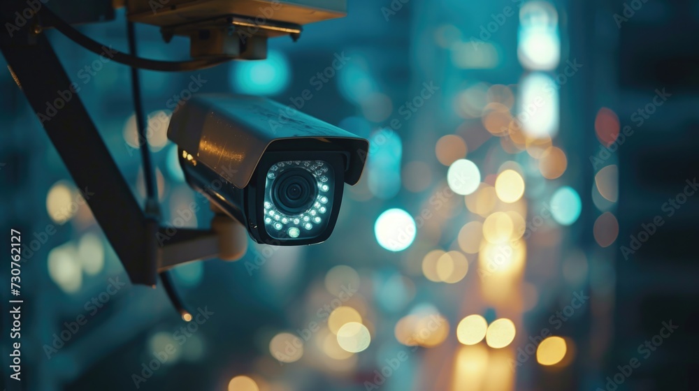 Poster a camera mounted on the side of a building. can be used for surveillance or monitoring purposes