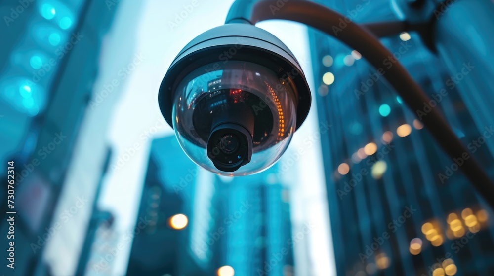 Poster a surveillance camera positioned in the heart of a bustling city. this image can be used to depict u