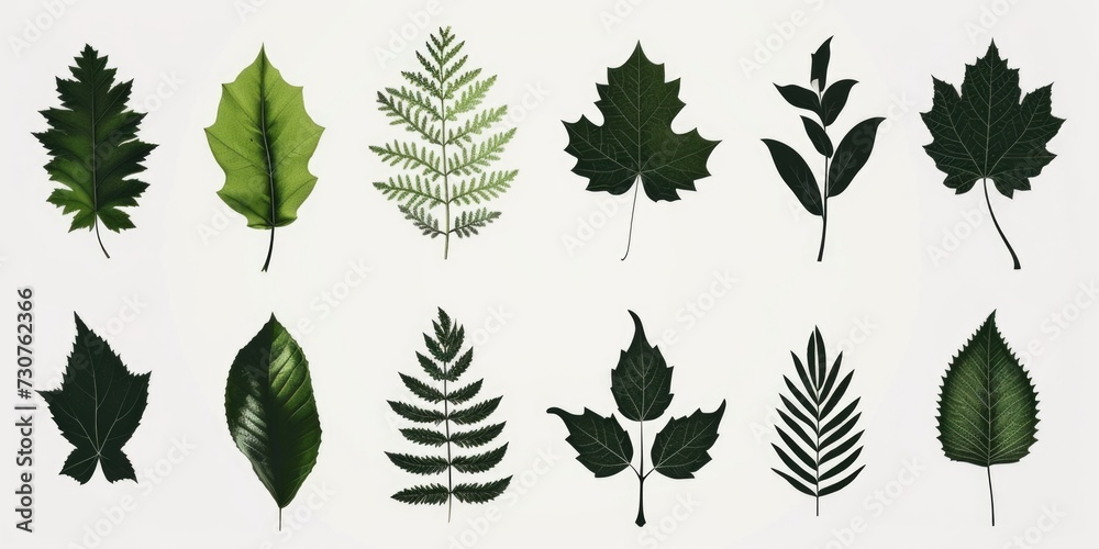 Poster a collection of various types of leaves arranged on a white surface. perfect for nature-themed desig