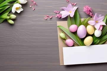 Fresh Spring flowers with Easter Eggs on Wood