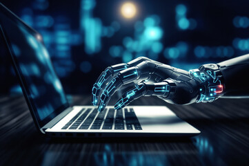 Robot hand typing on laptop. Advancing business and technology with futuristic innovation in artificial intelligence, enhancing communication and efficiency in the digital landscape - obrazy, fototapety, plakaty