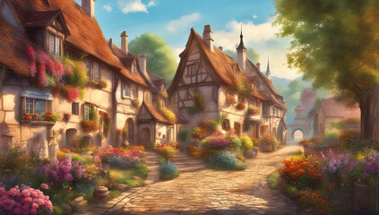 Obraz premium An old european village with wooden cottages.