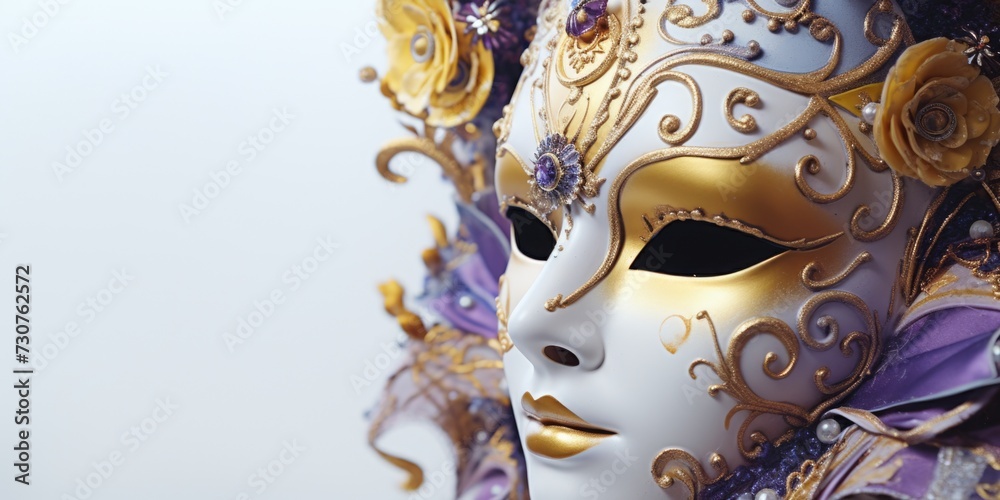 Poster a close-up view of a mask on a plain white background. ideal for use in theater productions or costu