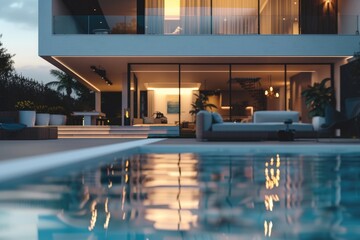 A picture of a pool situated in front of a house, featuring a comfortable couch. Ideal for real estate or vacation-themed projects - obrazy, fototapety, plakaty