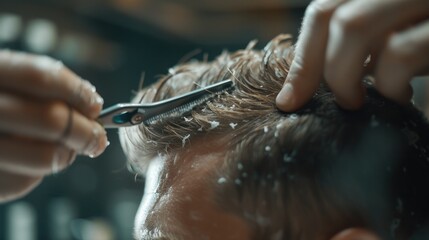 A man is getting his hair cut with a pair of scissors. This image can be used to depict a barber or hairstylist providing a haircut service